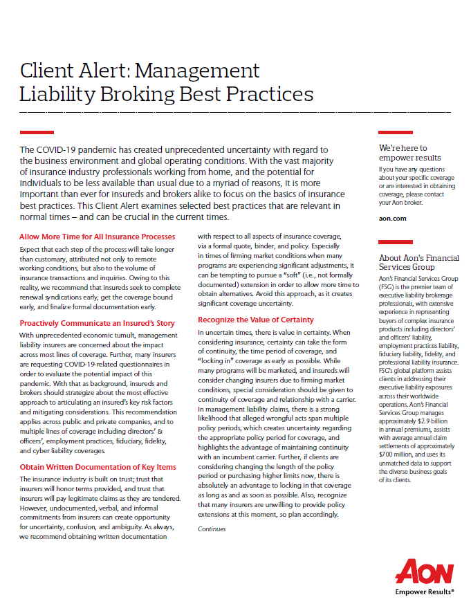 Client Alert: Management Liability Broking Best Practices