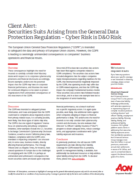 FSG Client Alert – Securities Suits Arising from the General Data Protection Regulation - Cyber Risk is D&O Risk