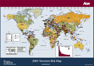 Map of the world showing grades of 'terrorism threat'