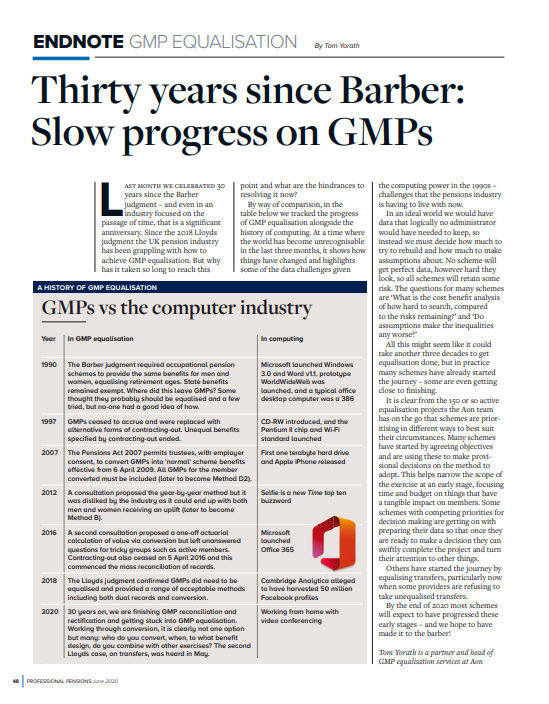 Thirty years since Barber: Slow progress on GMP Equalisation