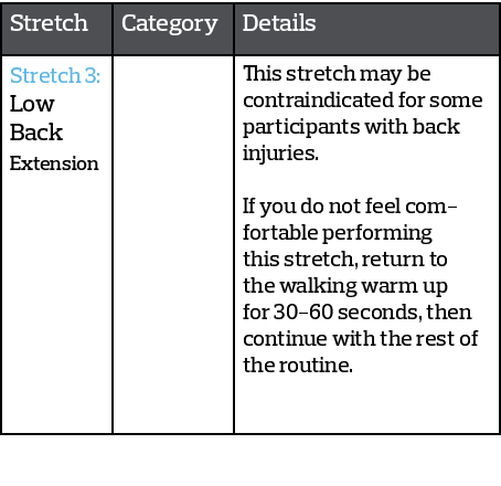 Stretch,Category,Details,Stretch 3: Low Back Extension ,,This stretch may be contraindicated for some participants wi   