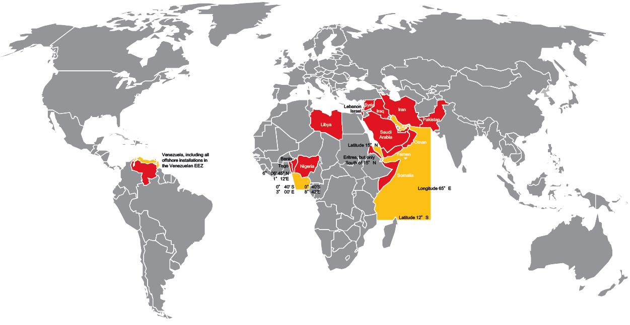 Revised Hull War, Piracy, Terrorism and Related Perils Listed Areas Map